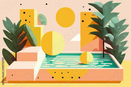 Piscina en verano soleado, invitación fiesta en la piscina, IA generativa photo