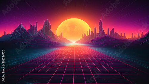 Synthwave retro cyberpunk style landscape background banner or wallpaper. Bright neon pink and purple colors.