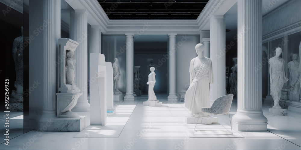 Obraz premium Sala de exposiciones de esculturas griegas, museo de arte de arte clásico, representación de las musas griegas 