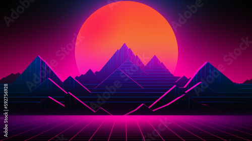 Synthwave retro cyberpunk style landscape background banner or wallpaper. Bright neon pink and purple colors.