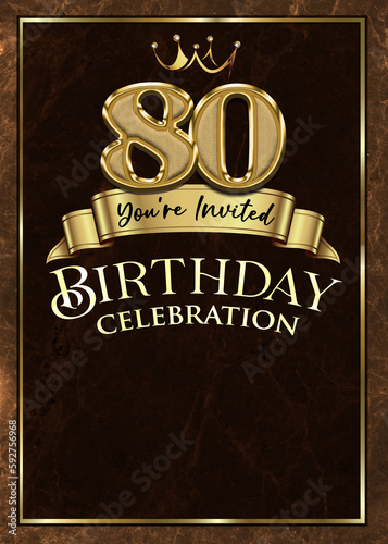 80th Birthday Celebration Invitation Brown and Gold Design Template