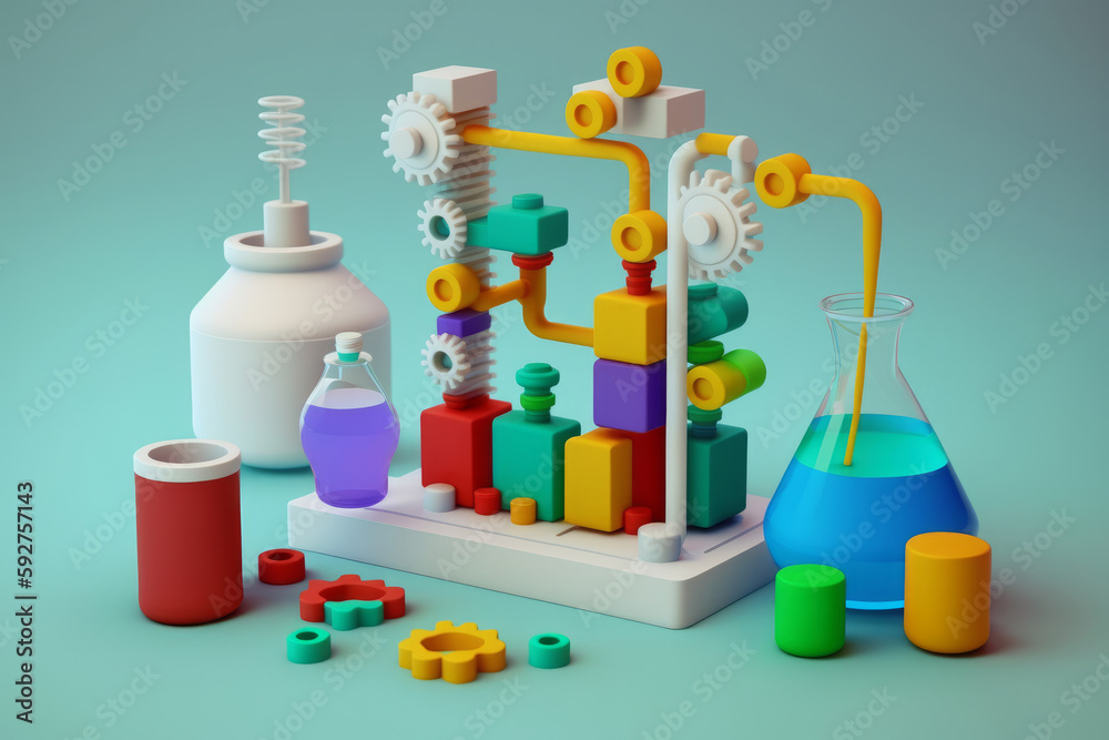 Laboratorio científico de juguete, ciencia para niños, experimento divertido para los más pequeños  - obrazy, fototapety, plakaty 