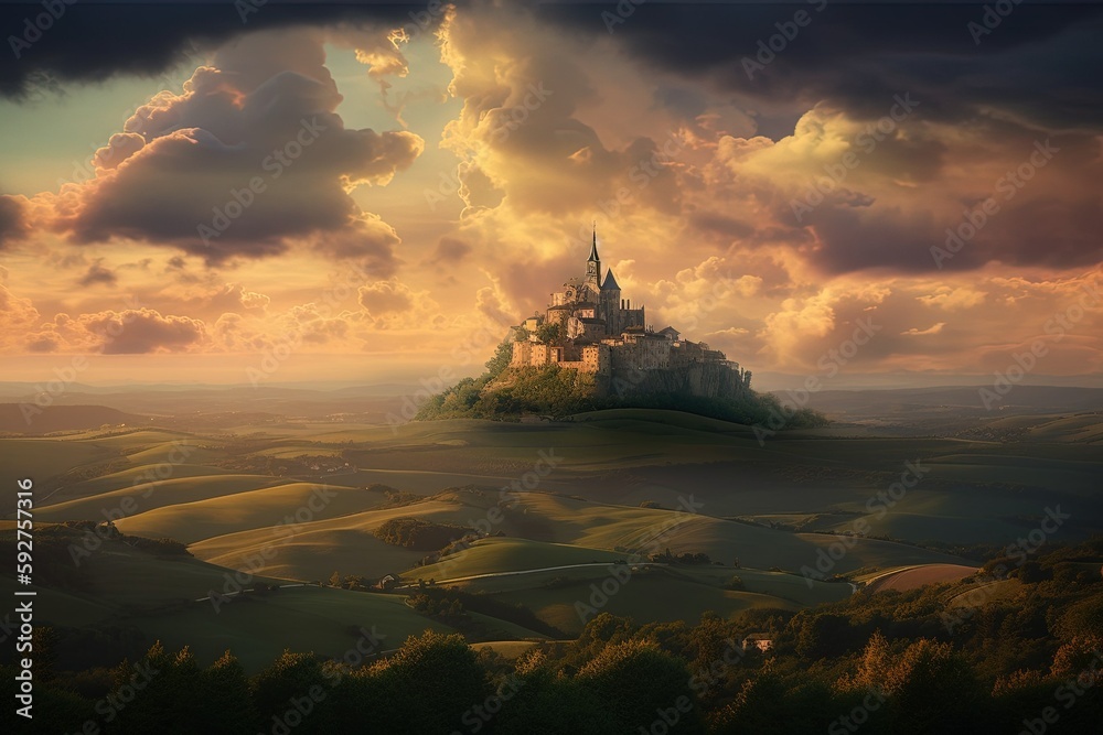 Fantasy landscape with hills and valleys and a castle on a hill. Created with Generative AI technology. Fantasy landscape with hills and valleys and a castle on a hill. Created with Generative AI technology.