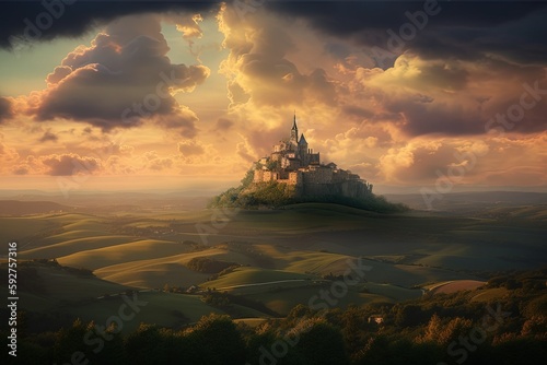 Fantasy landscape with hills and valleys and a castle on a hill. Created with Generative AI technology. © aigarsr