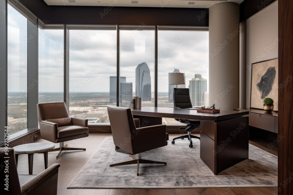 stylish executive office with premium furnishings, personalized decor, a private meeting area, and a commanding view - Generative AI