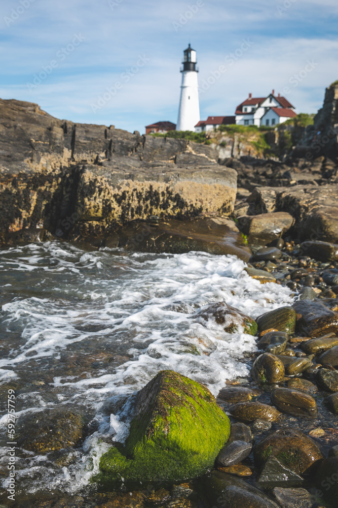View of Portland Head Light Lighthouse in Portland, Maine on a Beautiful Day