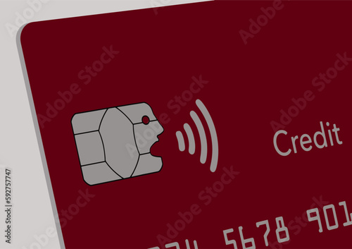 An EMV chip appears to be speaking with the near field communication icon sending information out of it’s mouth. Illustrates tap and pay and NFC payments with credit cards.