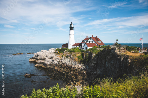 View of Portland Head Light Lighthouse in Portland, Maine on a Beautiful Day
