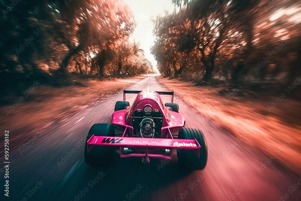 Pink Race Car in Motion Blur with Wheels Leaving Trails of Motion Blur. Generative AI