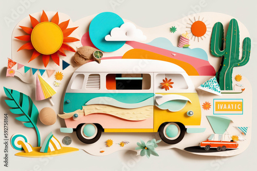 Summer vacation road trip in caravan, trendy art paper collage design. Travel collage with retro cars. Illustration. Generative AI © saquizeta