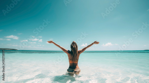 Happy young woman inside the transparent turquoise sea on a tropical beach with arms raised to the sky. Summer holiday, and people enjoying nature concept. Illustration. Generative AI