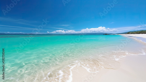 Tropical White Sandy Beach and Turquoise Ocean Lanscape. AI generative