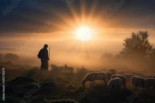 Bible Jesus Shepherd with His Flock of Sheep during Sunset. AI generative
