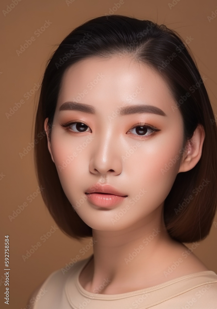 Fototapeta premium Beautiful Asian Woman on Beige Background Created with Generative AI and Other Techniques