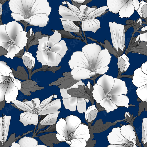 Seamless pattern with black and white flowers on a blue background.
