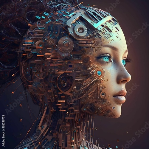 cabeça humanoide robotica, criada por inteligência artificial. photo
