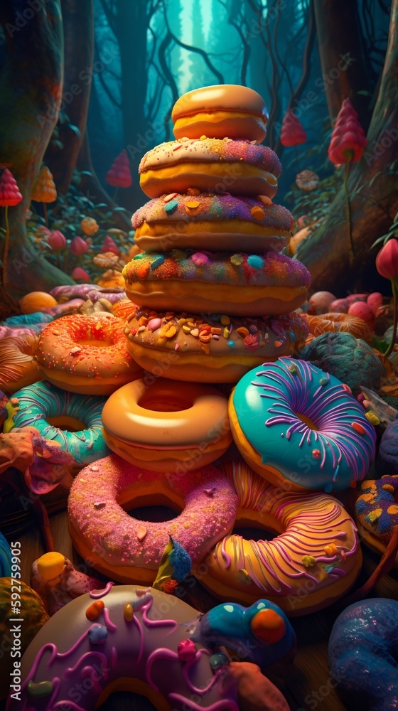 Large Pile of Colorful Donuts Floating in Water. Fantasy style illustration. Generative AI