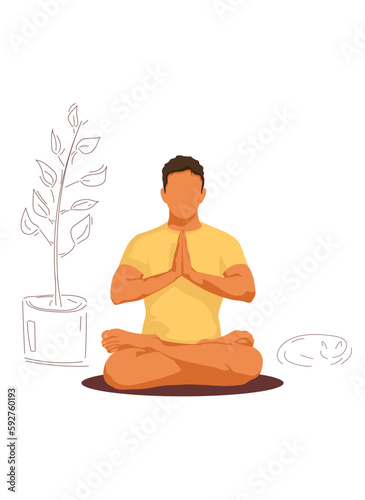 A man practices yoga on a white background. Minimalistic poster or banner. Illustration for yoga, meditation, relaxation, healthy lifestyle with a plant and a cat in a linear style.