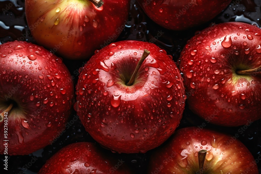 Fresh Red Apple Seamless Background Adorned with Droplets of Water, Top-Down View. Generative AI Fresh Red Apple Seamless Background Adorned with Droplets of Water, Top-Down View. Generative AI