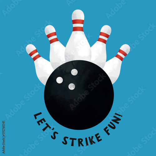 Laconic bright poster of claws and a bowling ball on a blue background. Hand-drawn texture illustration with inscription Let's strike fun!