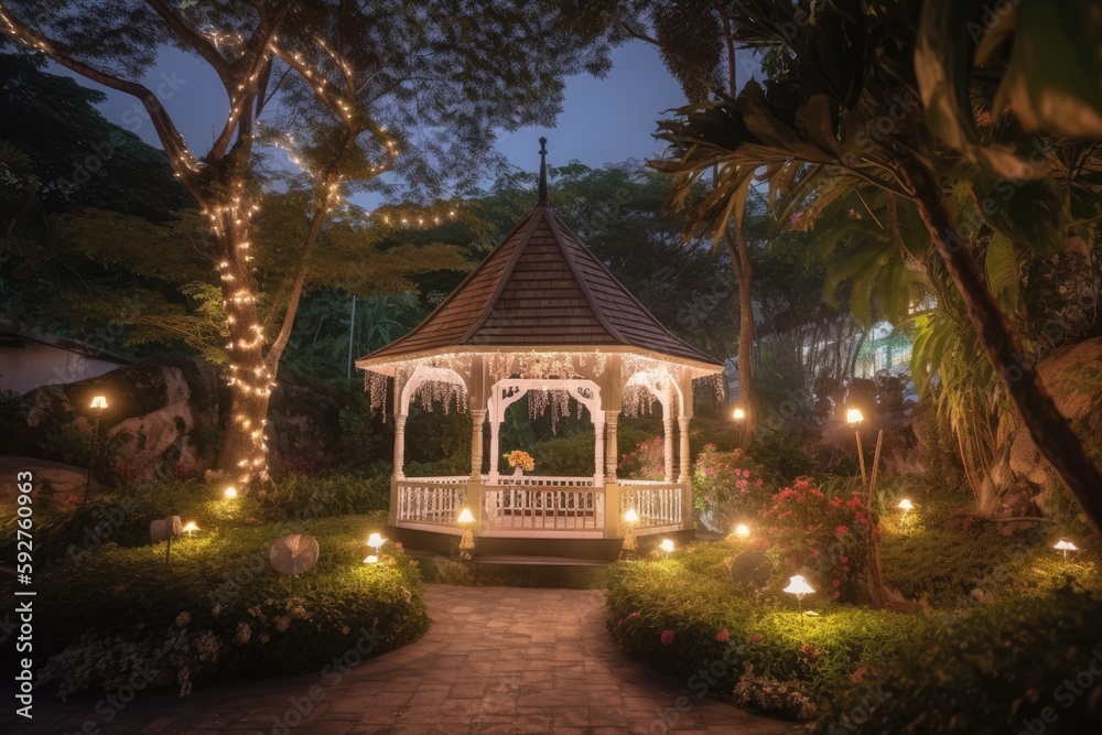 dreamy outdoor wedding venue with lush gardens, a romantic gazebo, twinkling fairy lights, and ample seating for guests, creating a fairytale atmosphere - Generative AI