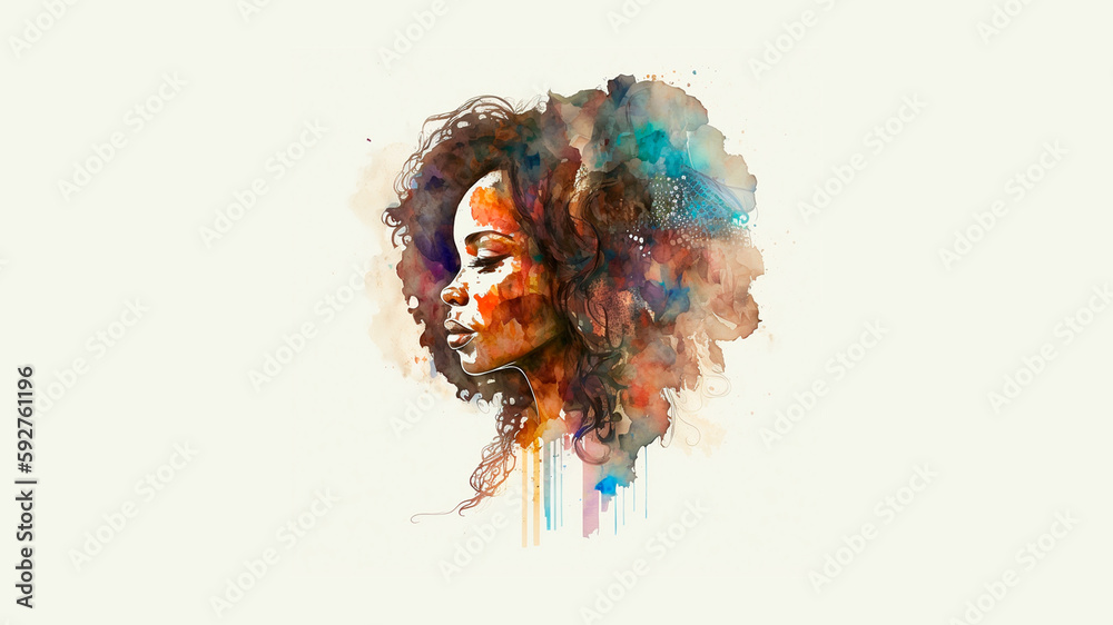 generated with artificial intelligence: South African woman in profile painted in watercolour with bright colours.