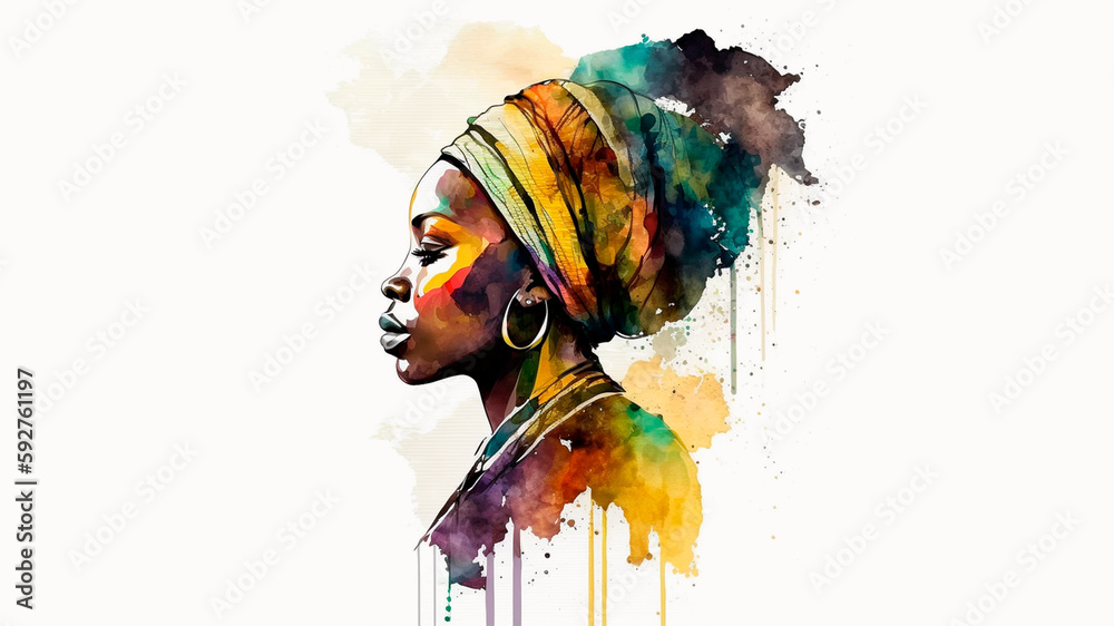 generated with artificial intelligence: South African woman in profile painted in watercolour with bright colours.