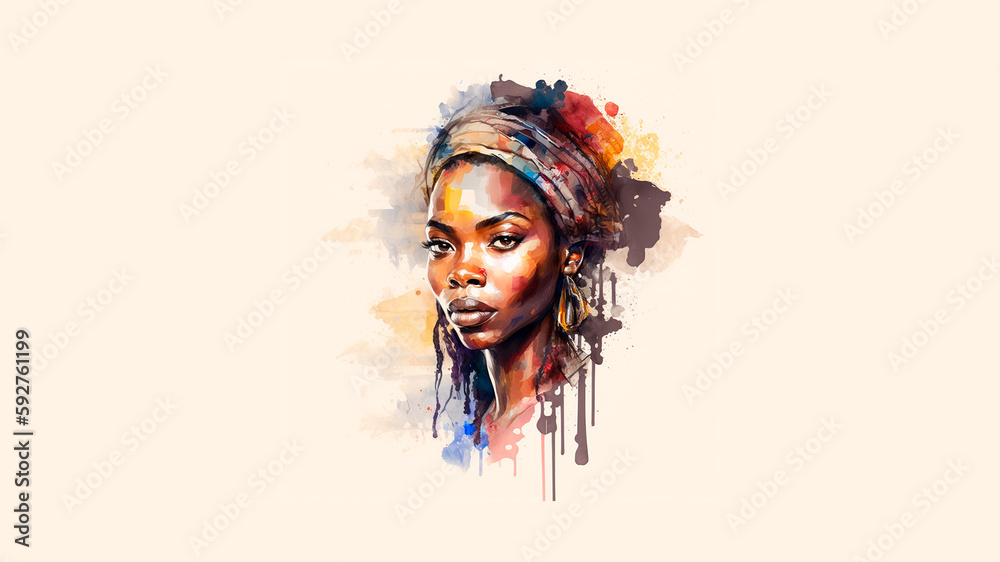 generated with artificial intelligence: South African woman in profile painted in watercolour with bright colours.