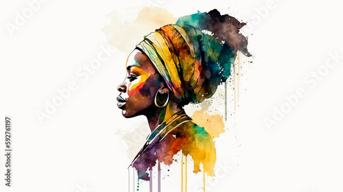 Obraz na płótnie generated with artificial intelligence: South African woman in profile painted in watercolour with bright colours. w salonie
