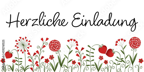Herzliche Einladung - Text in deutsch. Einladungskarte mit Blumen aus roten Herzen.