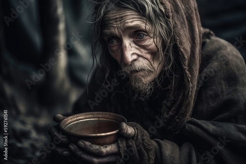 Hunger Poor Poverty. Social inequality, homeless or beggar begging for help sitting at dirty slum,human rights,donate and charity for underprivileged children in third world. Generative AI