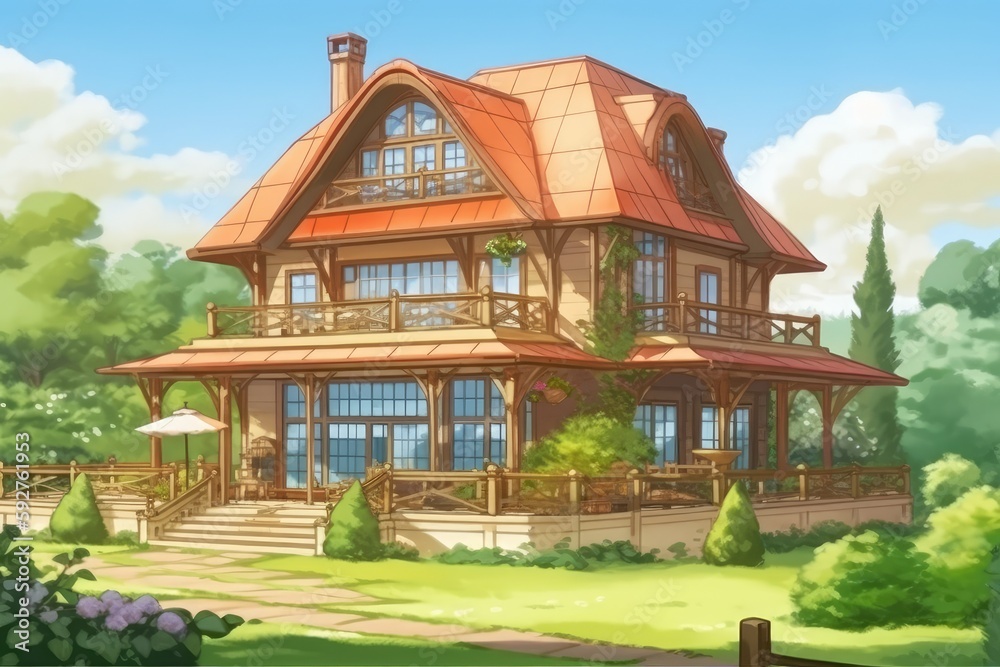 a beautiful wood house in a charming village. Generative AI