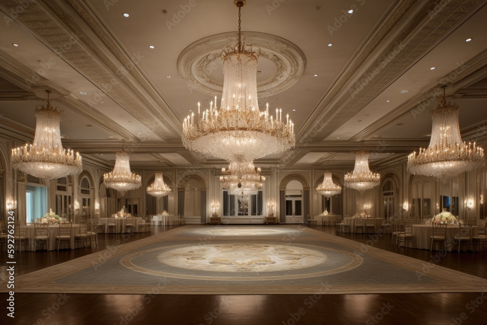 Obraz premium luxurious ballroom wedding venue with crystal chandeliers, elegant drapery, a grand staircase, and spacious dance floor, offering regal setting for a glamorous - Generative AI