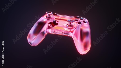 3D Gaming Console Wireless Controller Joystick glossy transparent translucent shiny glow colourful material. Render animation of game computer tech device flying pushing buttons, sticks. Motion design