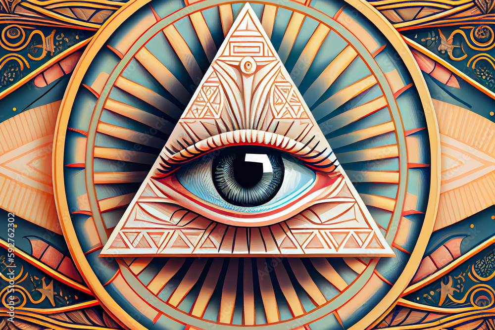 Illuminati logo, all seeing eye symbol on pyramid, concept of masonic