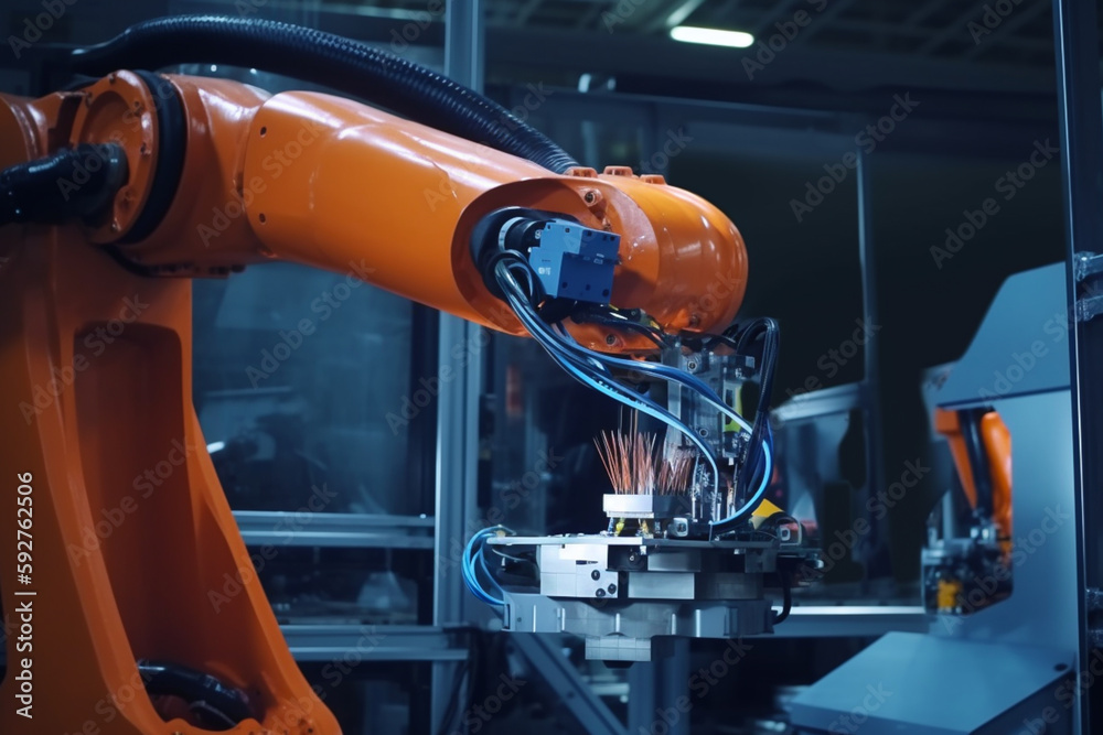 Robot arm working in assembly line industry. manufacturing factory, automatization with advanced technology and artificial intelligence Robot arm working in assembly line industry. manufacturing factory, automatization with advanced technology and artificial intelligence