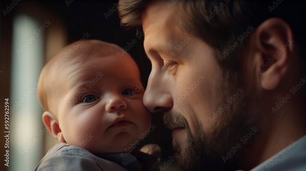 Closeup view on father and son, dramatic light, created with Generative AI Technology Closeup view on father and son, dramatic light, created with Generative AI Technology