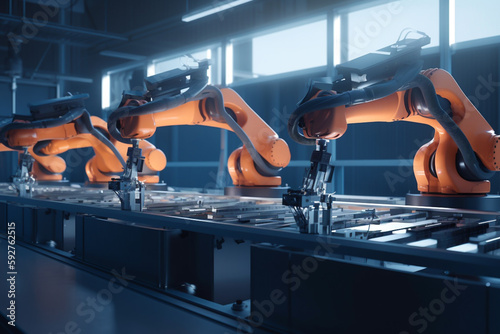 Robot arm working in assembly line industry. manufacturing factory, automatization with advanced technology and artificial intelligence photo