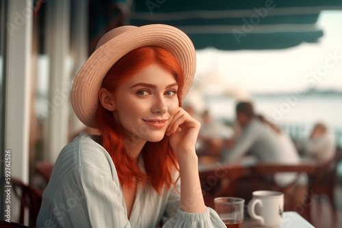 Stylish redhead girl in hat in cafe on the beach, created with Generative AI Technology © Masson