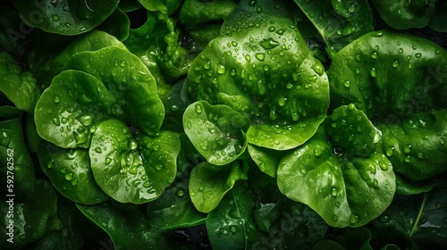 Fresh healthy & organic leafy greens with drops of water. From above. Close up. Macro. Greens. Food magazine. Food Design. Close up of  leafy greens. Vegetable. Generative AI.