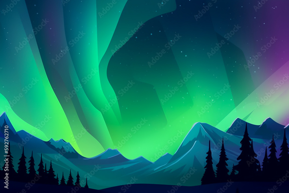 Fototapeta premium Landscape with aurora borealis in the night sky during winter in the arctic, green pink and purple hue glow, wallpaper or background banner with empty space for copy text