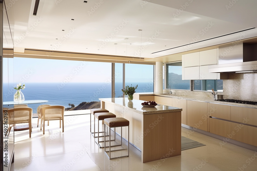 Modern luxury kitchen in villa with ocean beach view and large windows, concept of architecture and real estate inspiration or mock up. Modern luxury kitchen in villa with ocean beach view and large windows, concept of architecture and real estate inspiration or mock up.