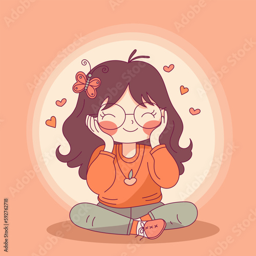 Happy cute young girl sitting crossed legs hugging herself with enjoying emotions isoleted. Self love concept of yourself body vector illustration