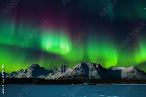 Landscape with aurora borealis in the night sky during winter in the arctic, green pink and purple hue glow, wallpaper or background banner with empty space for copy text