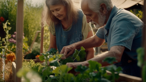 two retired seniors grow vegetables in the garden, created with Generative AI Technology
