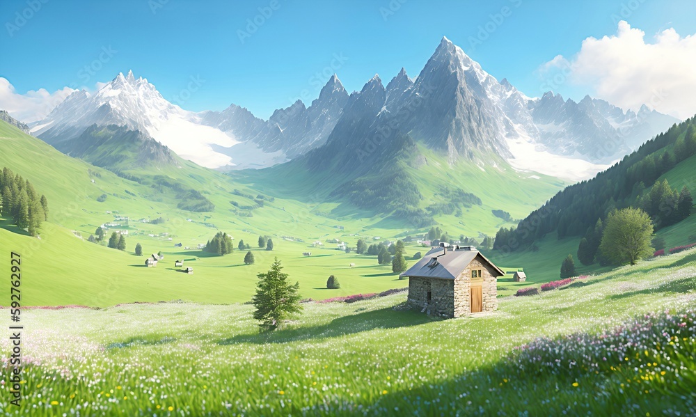 illustration of a mountain landscape in the alps, with a typical house. illustration of a mountain landscape in the alps, with a typical house.
