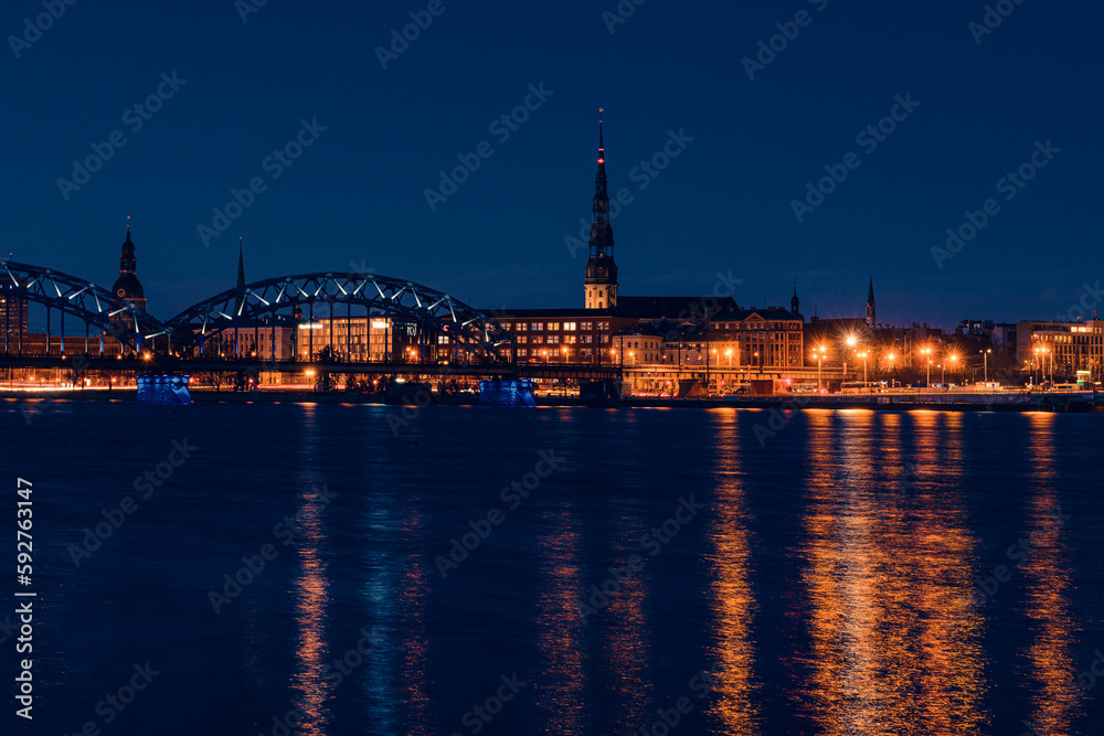 view of Old Riga across the Daugava river in the evening
