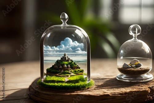 Fantasy diorama with a green tree and an elegant magic house under a glass dome. Ai generative.