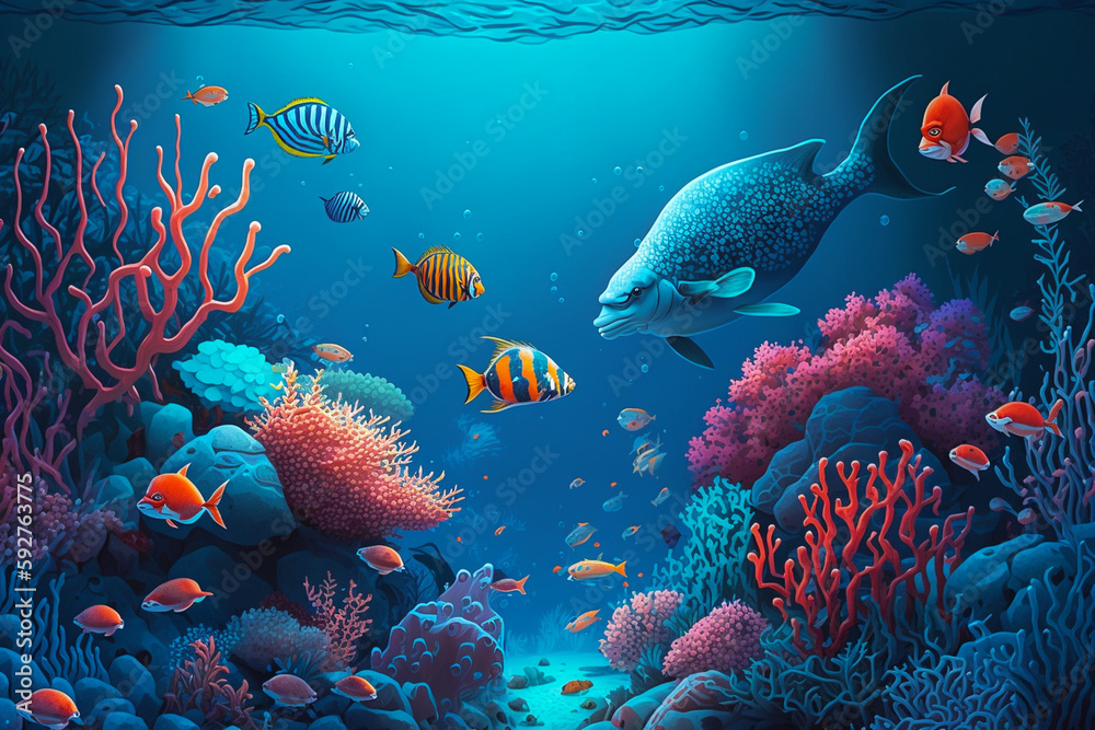 Naklejka premium Colorful coral reef in the ocean with fish and sea life, background banner or wallpaper