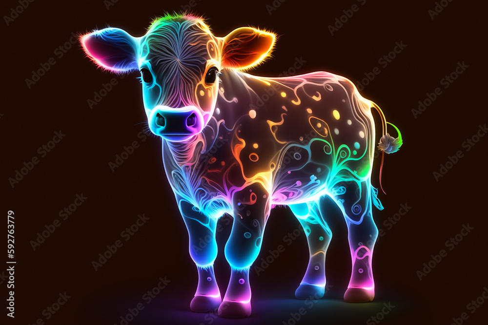 Glowing multicoloured baby cow animal kawaii style Glowing multicoloured baby cow animal kawaii style